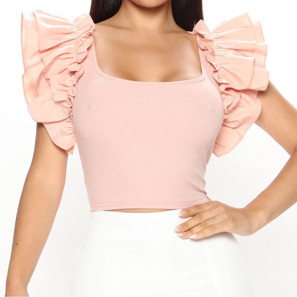 Cute Ruffled cap sleeve ribbed top pink satin sleeves large new